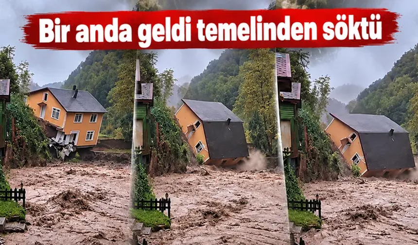 İki katlı villa sele dayanamayıp dereye devrildi!