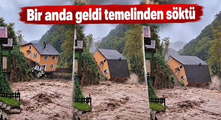 İki katlı villa sele dayanamayıp dereye devrildi!